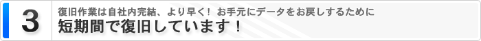 3 復旧作業は自社内完結、より早く！お手元にデータをお戻しするために 短期間で復旧しています！