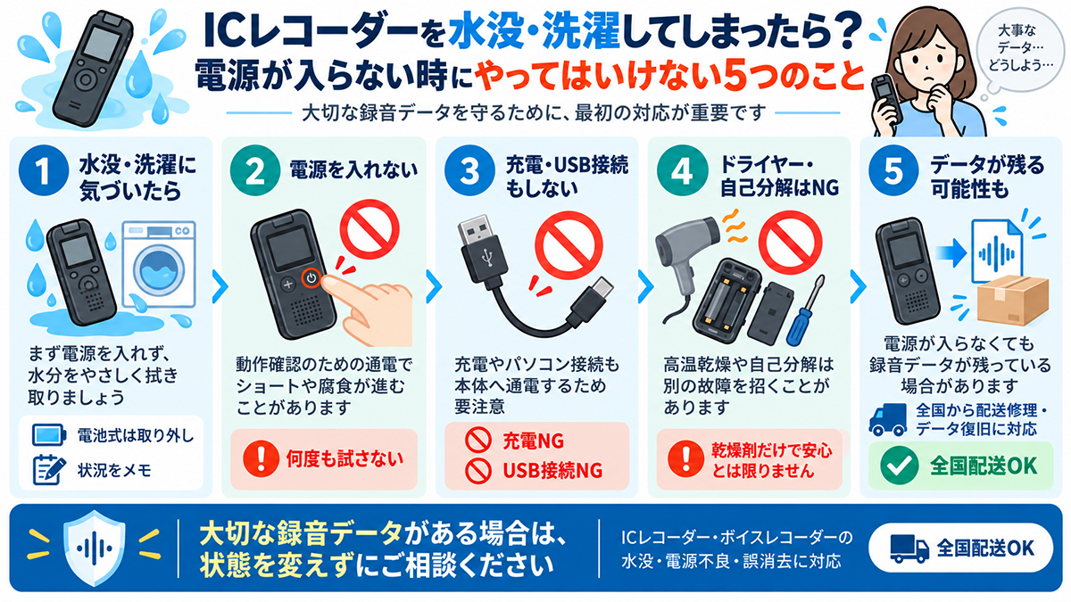 ICレコーダーを水没・洗濯したら？データ復旧をするなら、電源が入らない時にやってはいけない5つのこと